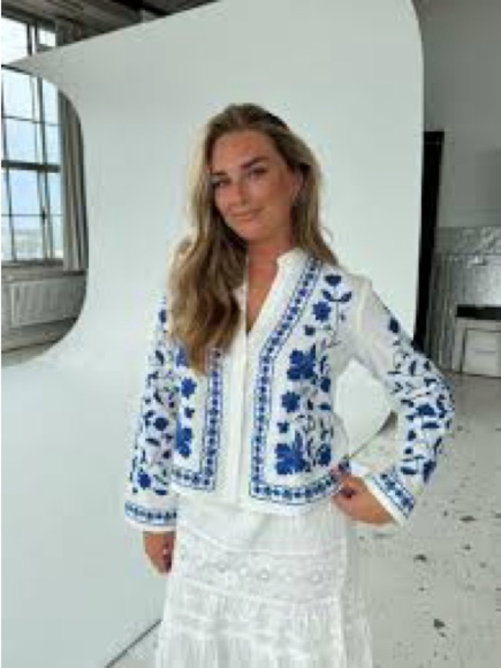 White and Blue Floral Cardigan. Medium